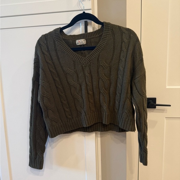Poof Apparel Olive Cable Knit V-Neck Sweater - Picture 1 of 4